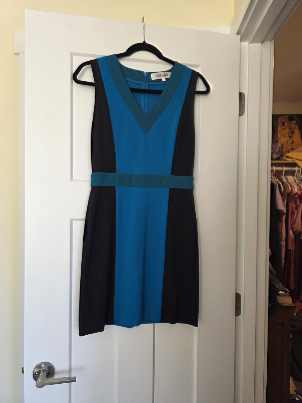 Diane Von Furstenberg Teal and Black V-Neck Colorblock Mini Dress